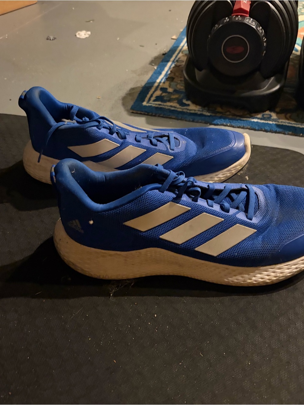 adidas Menโs Royal Blue Athletic Sneakers with White Stripes